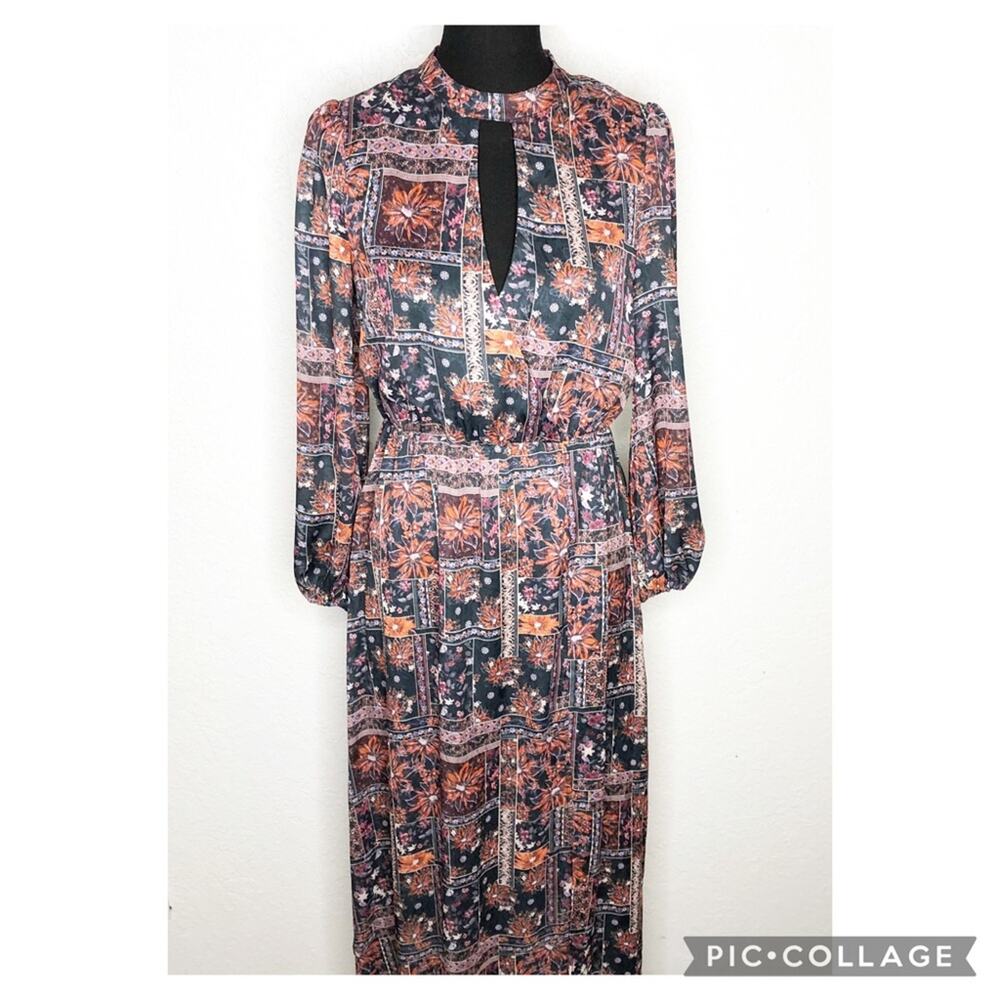NSR charcoal gray orange floral long sleeve midi dress size Medium NWT